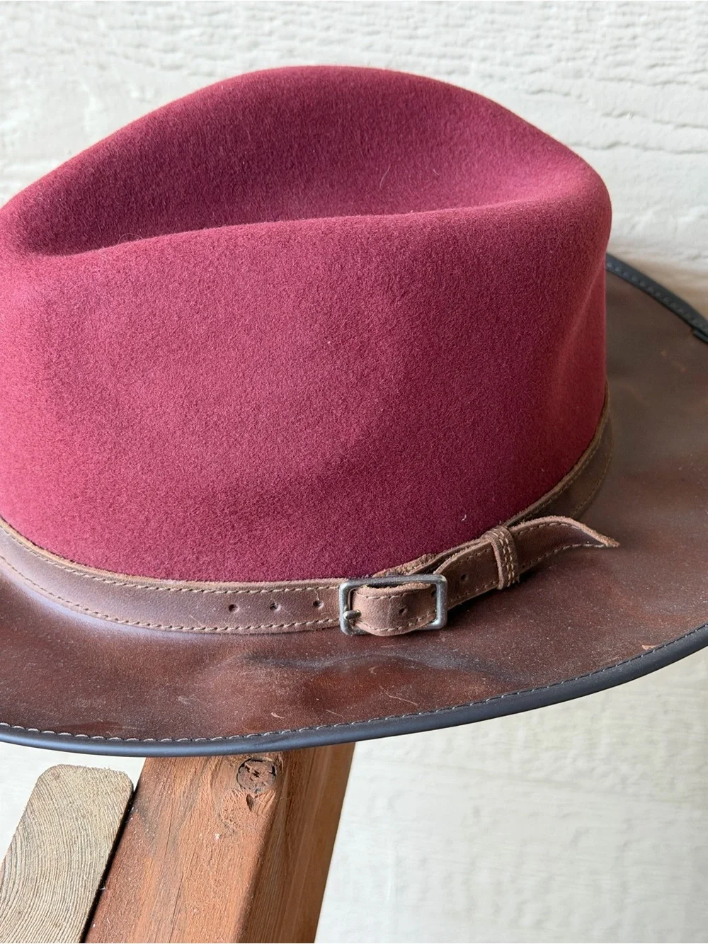 Burgundy Felt Fedora with Brown Leather Brim